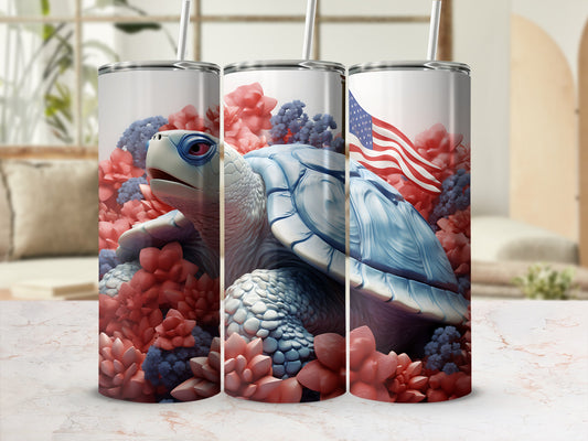 Turtle tumbler with American flag and floral pattern.