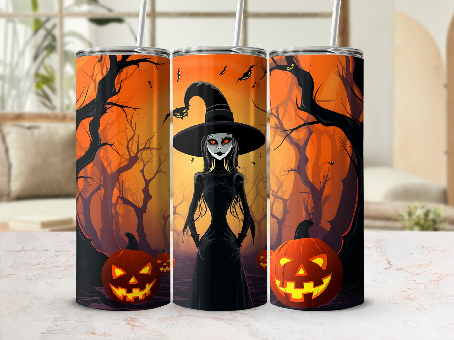 Halloween tumblers with witch, pumpkins, and spooky trees on orange background.