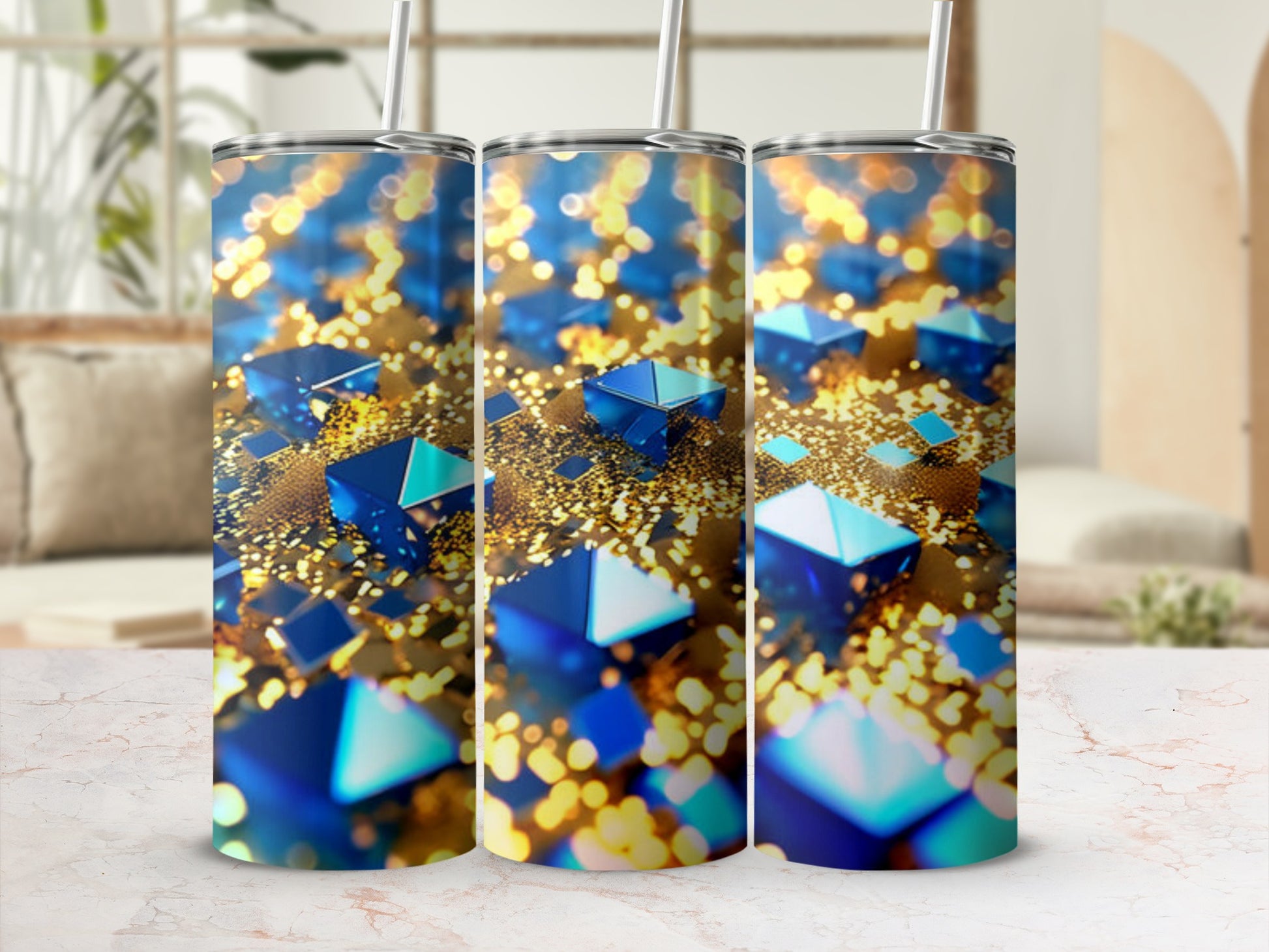 Three tumblers with abstract blue geometric shapes and bokeh lights.