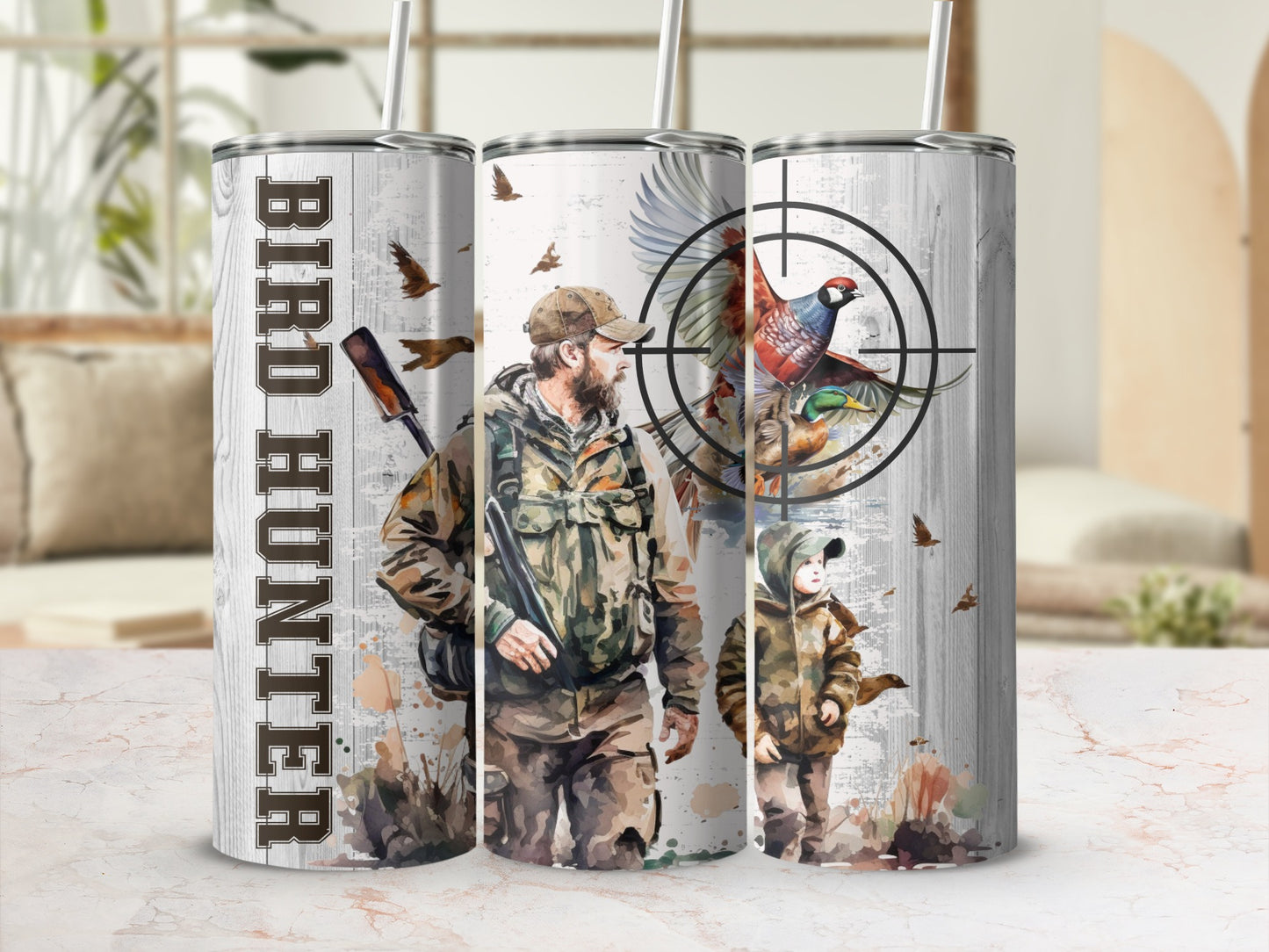 Bird Hunter tumbler with duck hunting scene, man and child in camouflage.