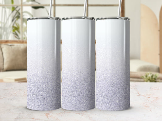Three white tumblers with purple glitter gradient, on a marble surface.