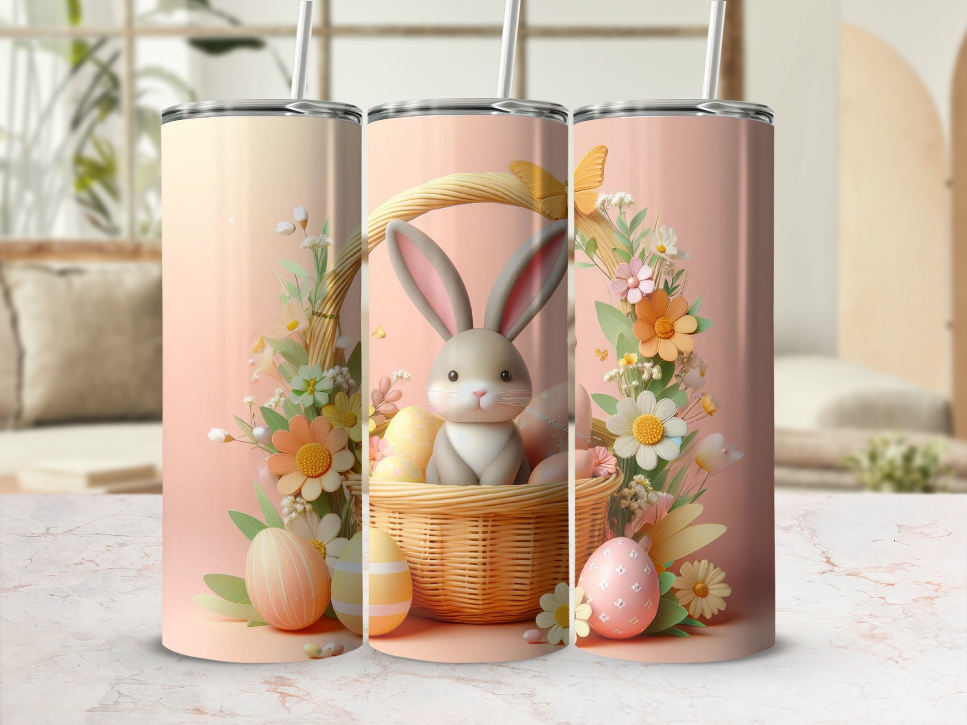 Easter bunny in basket surrounded by eggs, flowers, and a butterfly.