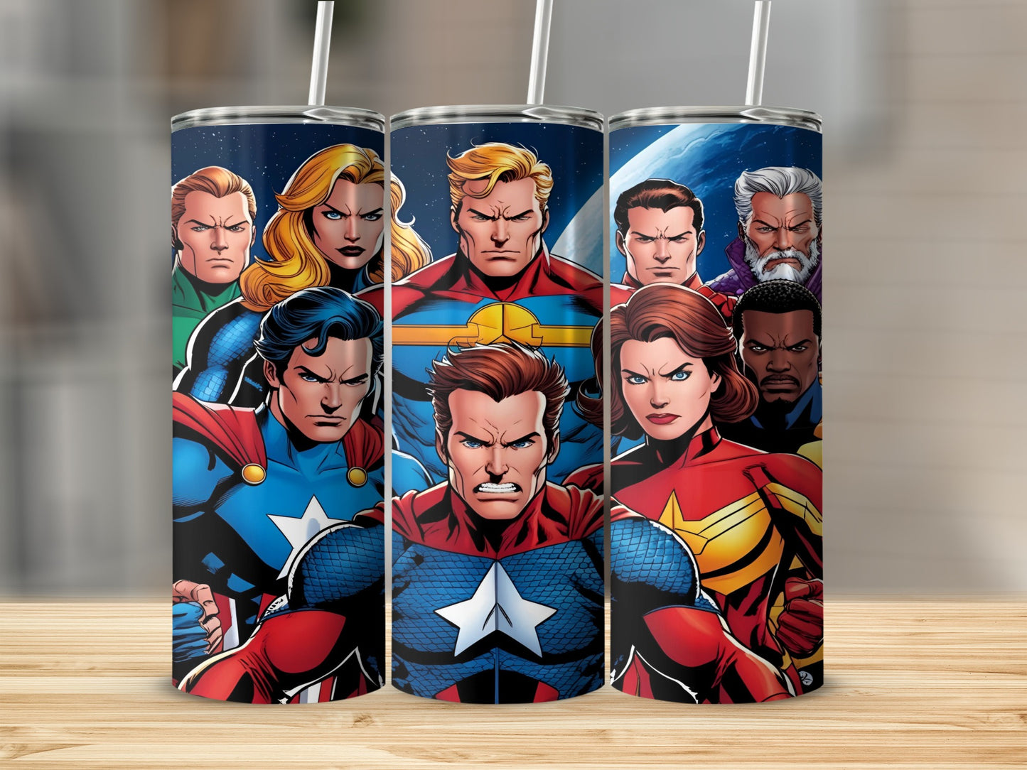 Three superhero tumblers featuring Captain America, Superman, and other comic book characters.