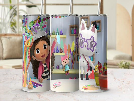 Gabby's Dollhouse characters and art supplies wrap around a tumbler.