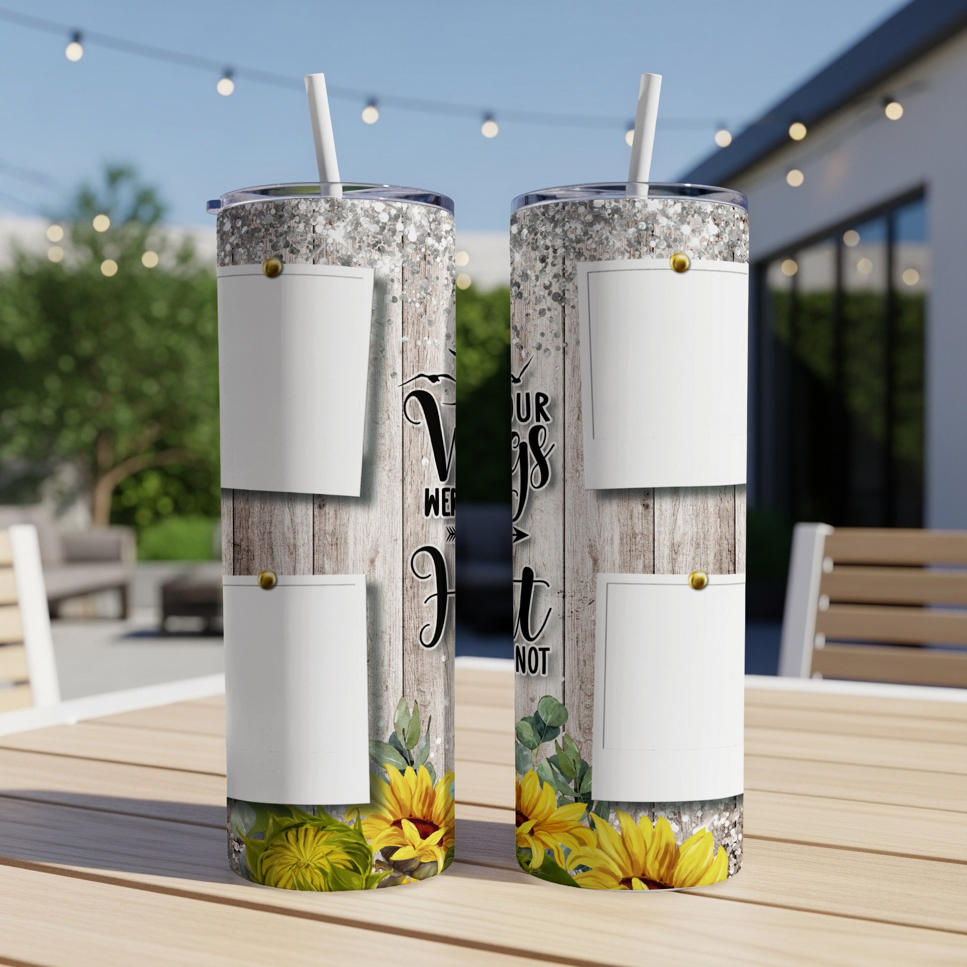 Two tumblers with floral and wood grain design, featuring photo placeholders.