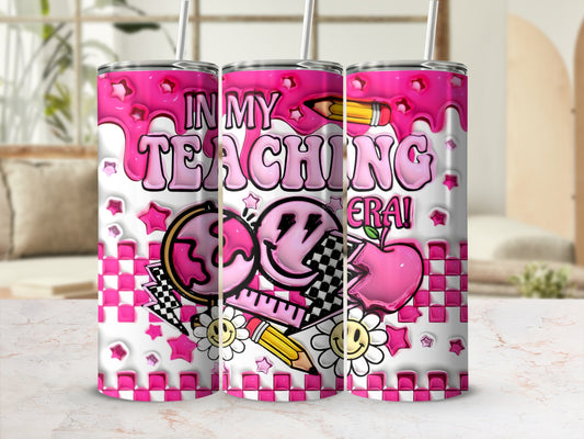 Pink dripping design with "In My Teaching Era" text and school icons.