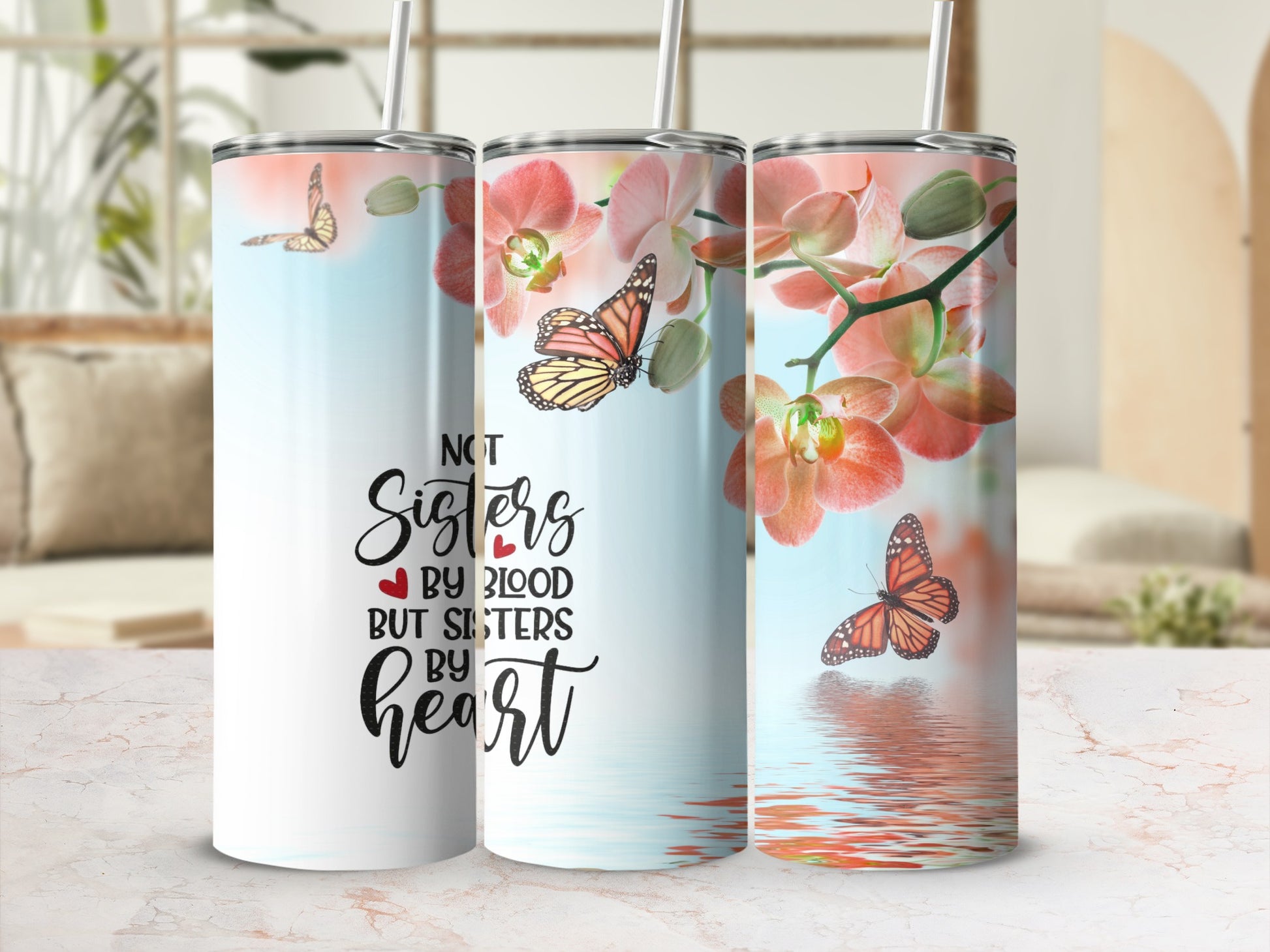 Not Sisters By Blood But By Heart Tumbler Design