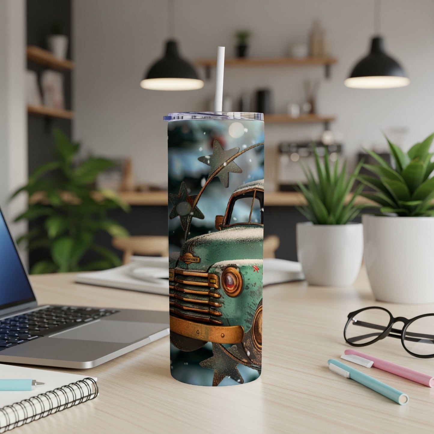 Green vintage truck with stars design on a tumbler.
