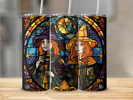 Two witches in stained glass style, wearing witch hats and holding wands.