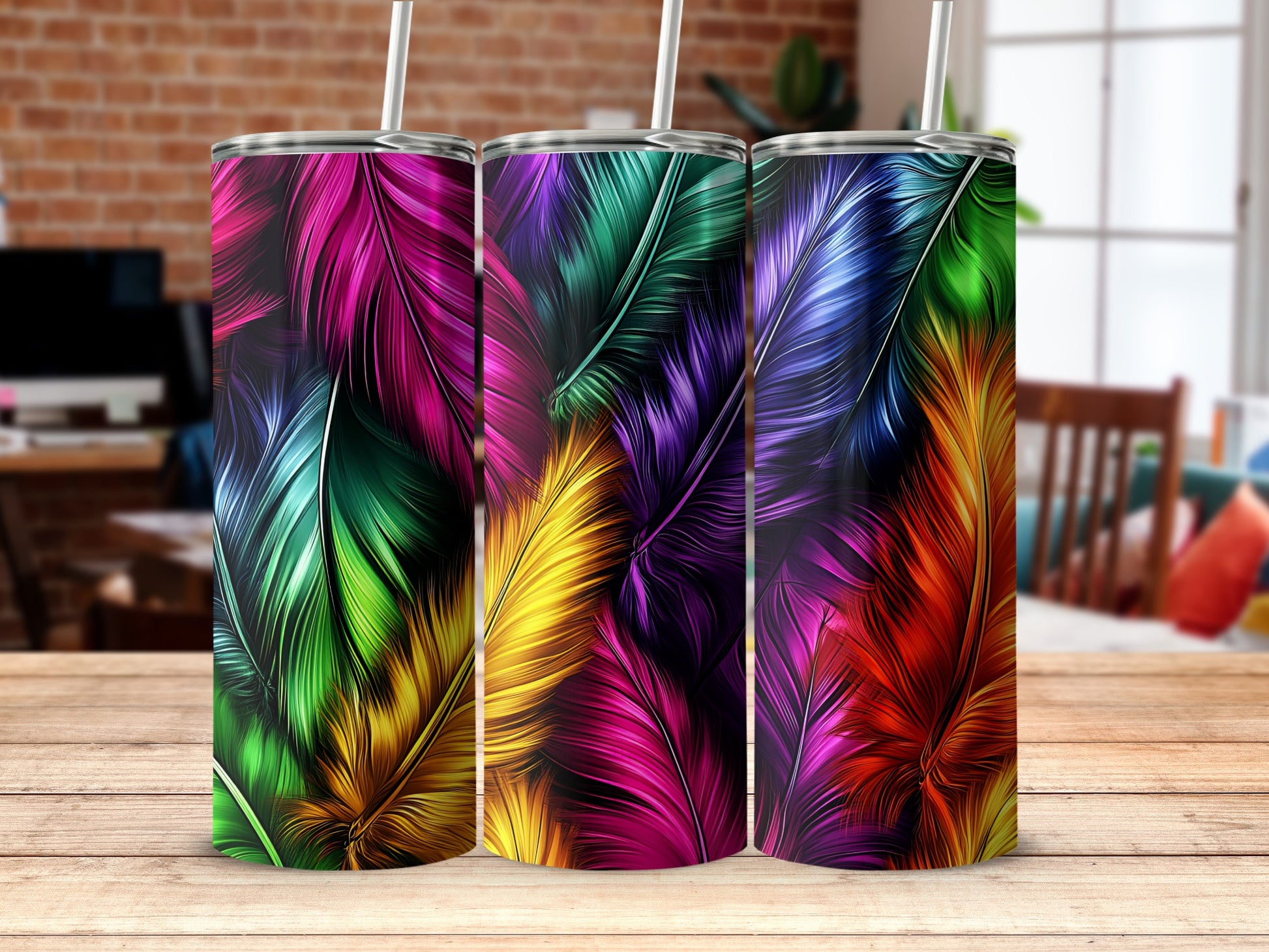 Colorful Feather Design Stainless Steel Tumbler