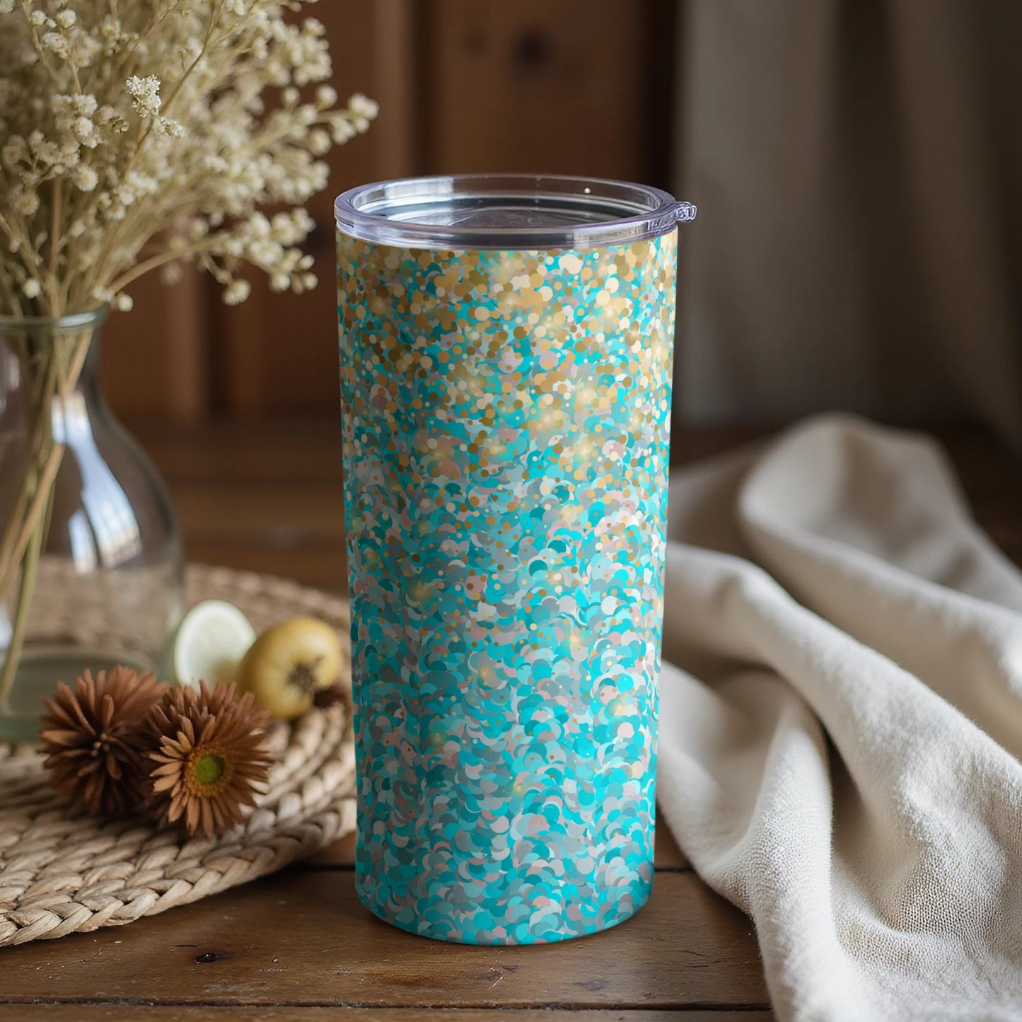 Turquoise Gold Glitter Effect Tumbler
