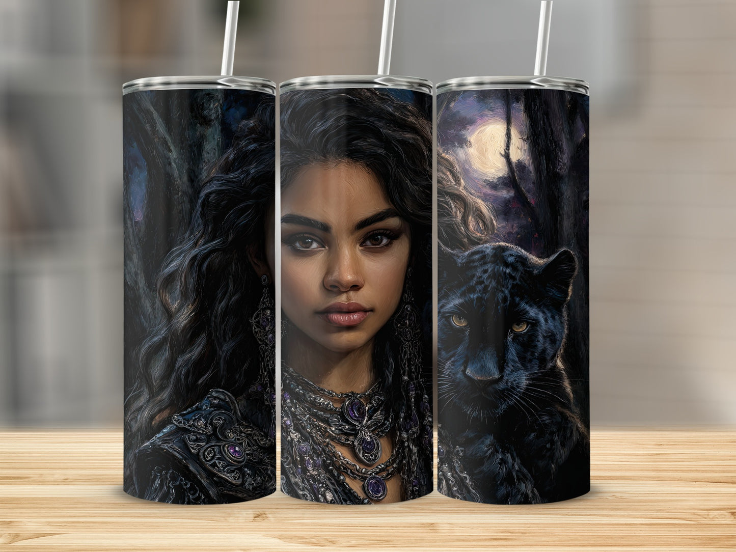 Striking Tumbler with Mysterious Woman and Panther Artwork