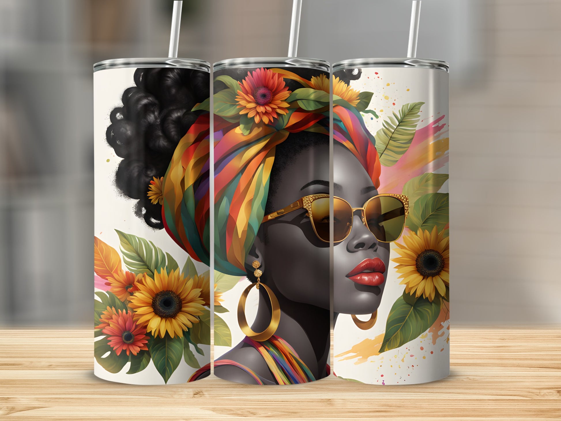 Woman with sunflowers and vibrant headwrap on tumbler.