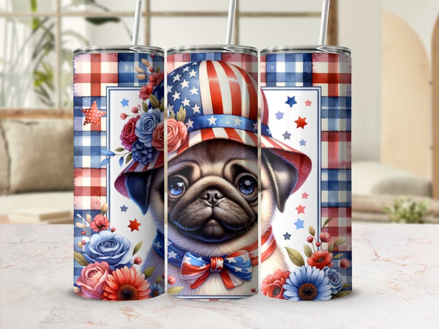 Pug in patriotic hat and bowtie surrounded by flowers and stars.