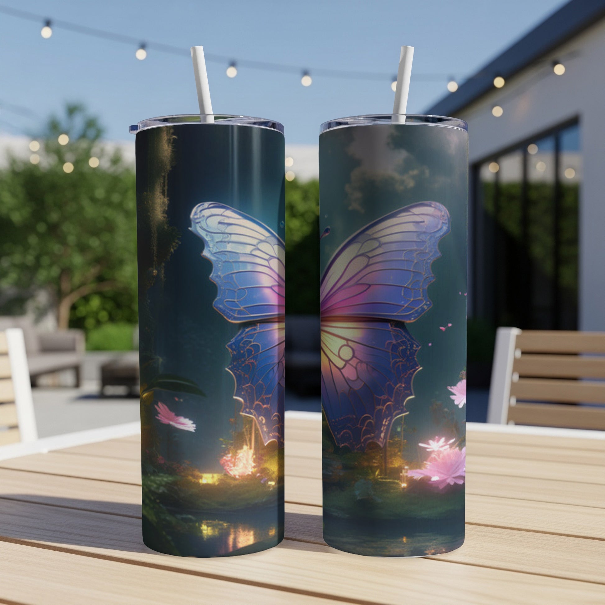 Two tumblers with a glowing butterfly design on an outdoor table.