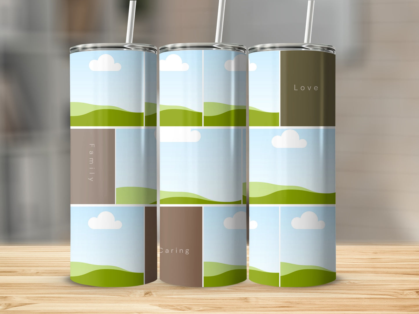 Tumblers with collage design featuring rolling green hills, blue sky, clouds, and text.