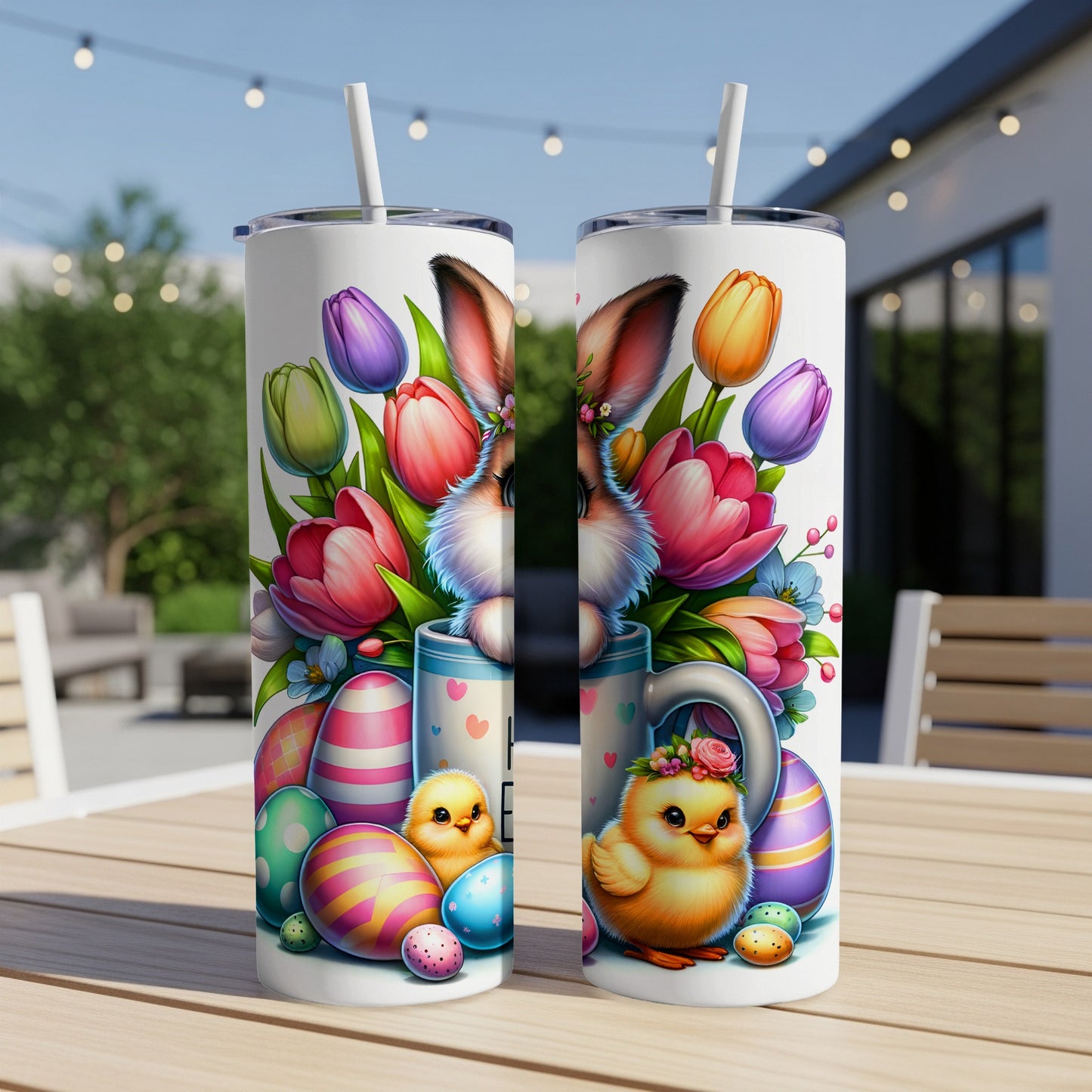 Easter bunny and chick with flowers and decorated eggs on a mug.
