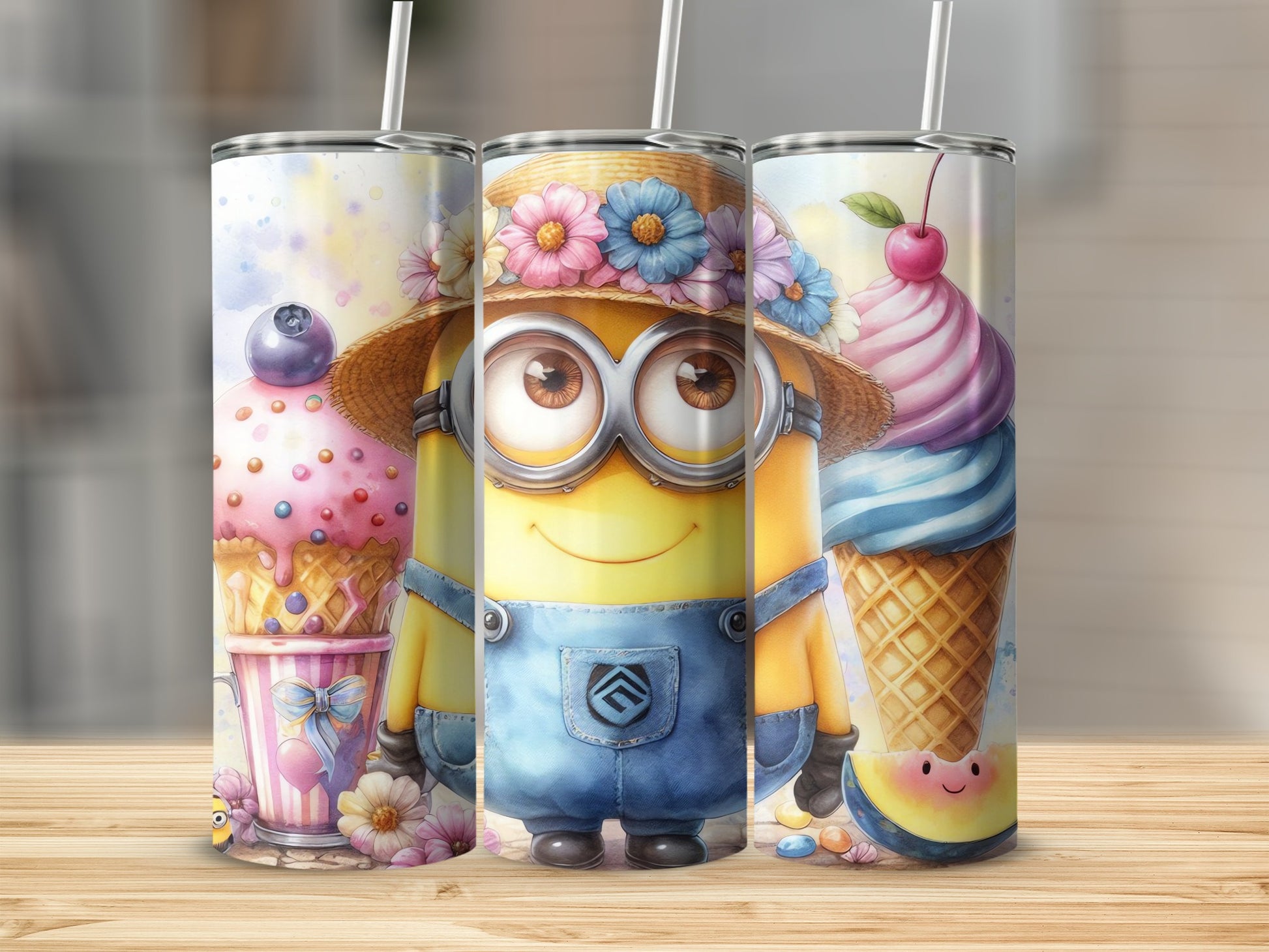 Whimsical ice cream and flower themed tumbler