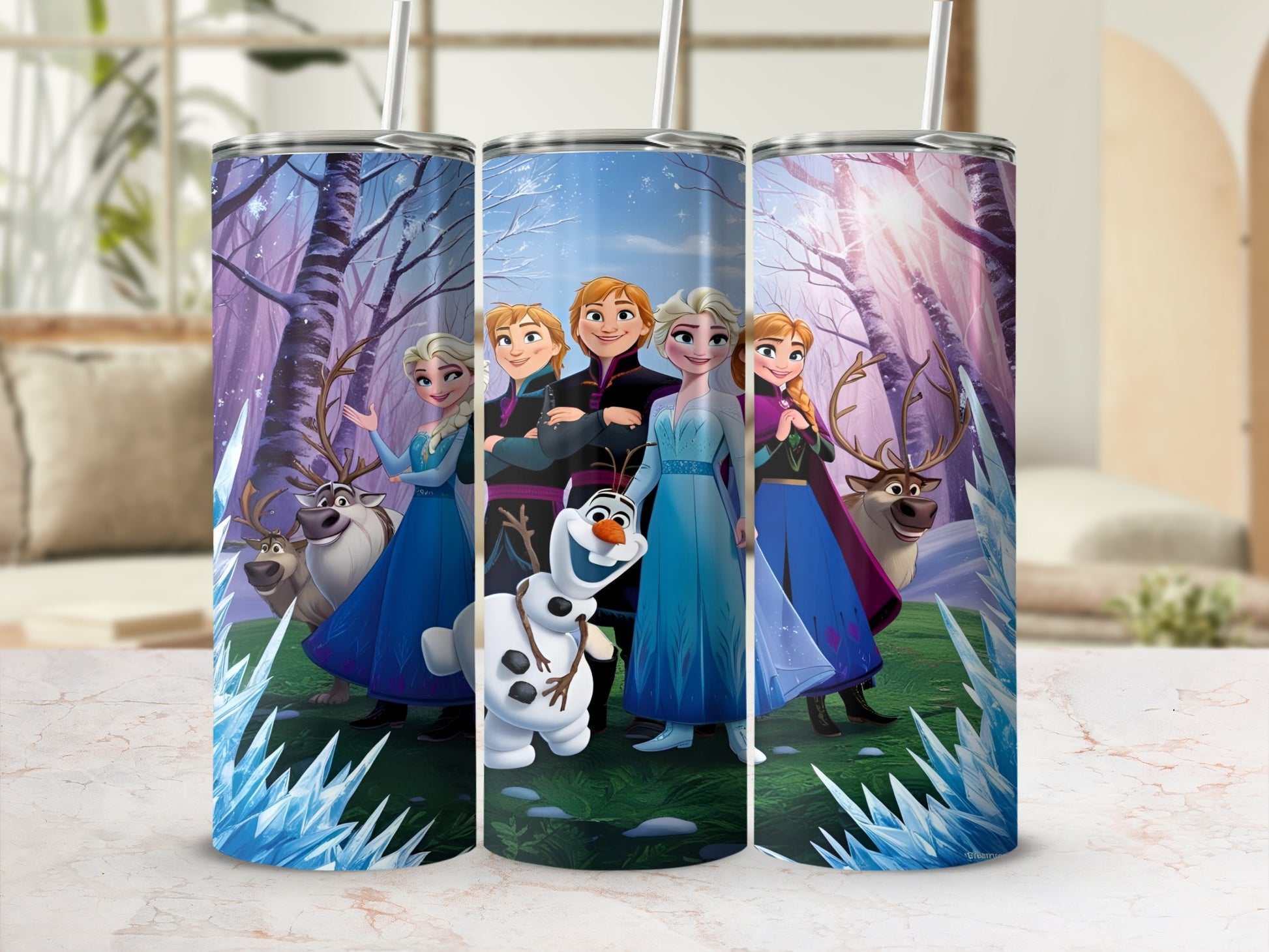 Frozen characters Elsa, Anna, Kristoff, Olaf, and Sven on a winter-themed tumbler.