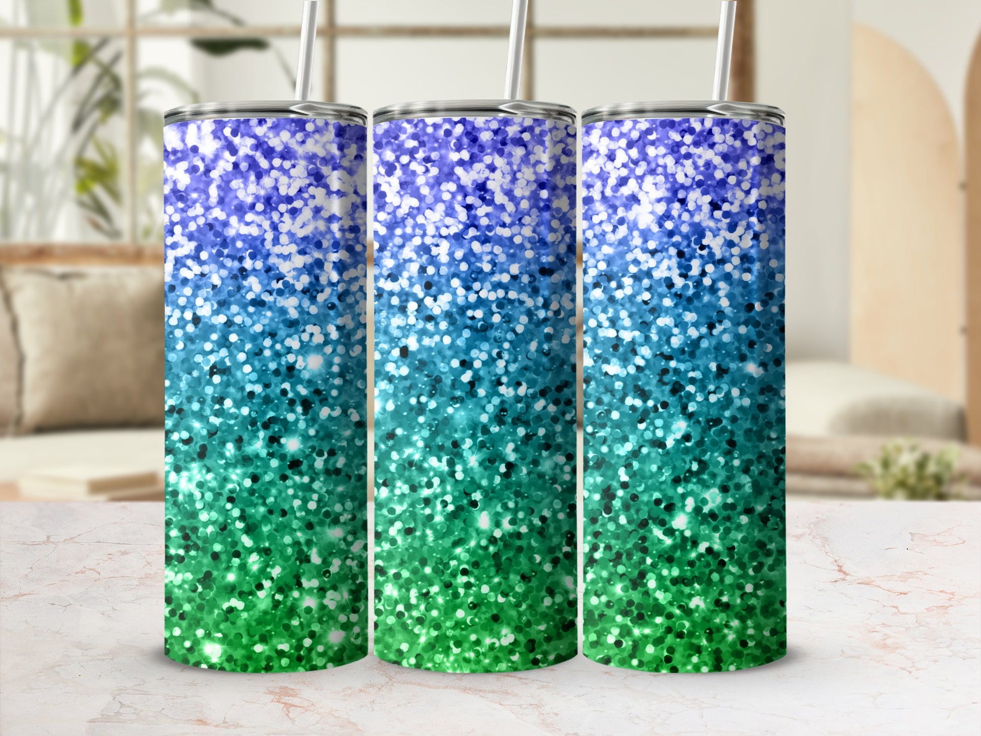 Gradient Blue and Green Glitter Tumbler Cups Drinkware