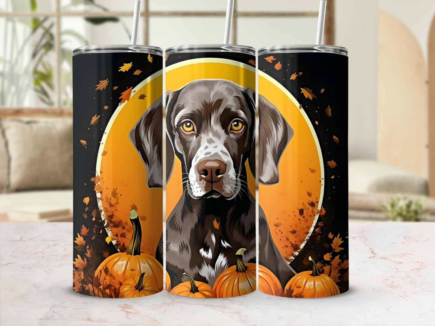 German Shorthaired Pointer dog with pumpkins and falling leaves on a tumbler.