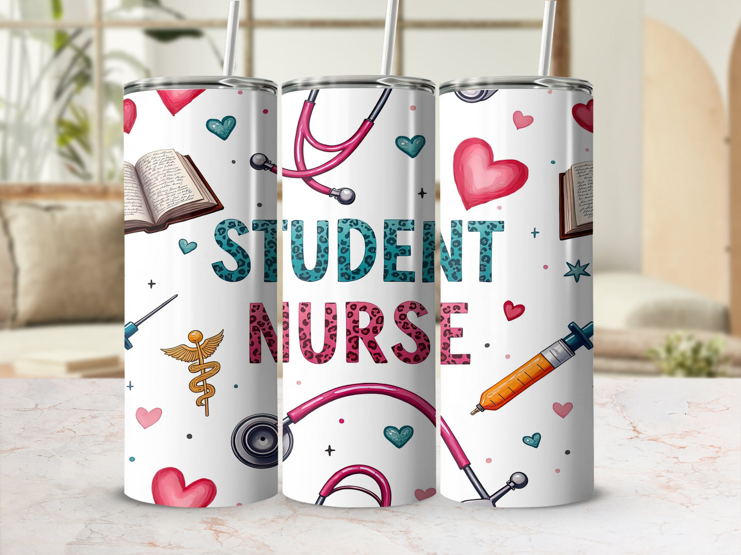Tumbler with student nurse theme: stethoscope, hearts, syringe, and book.