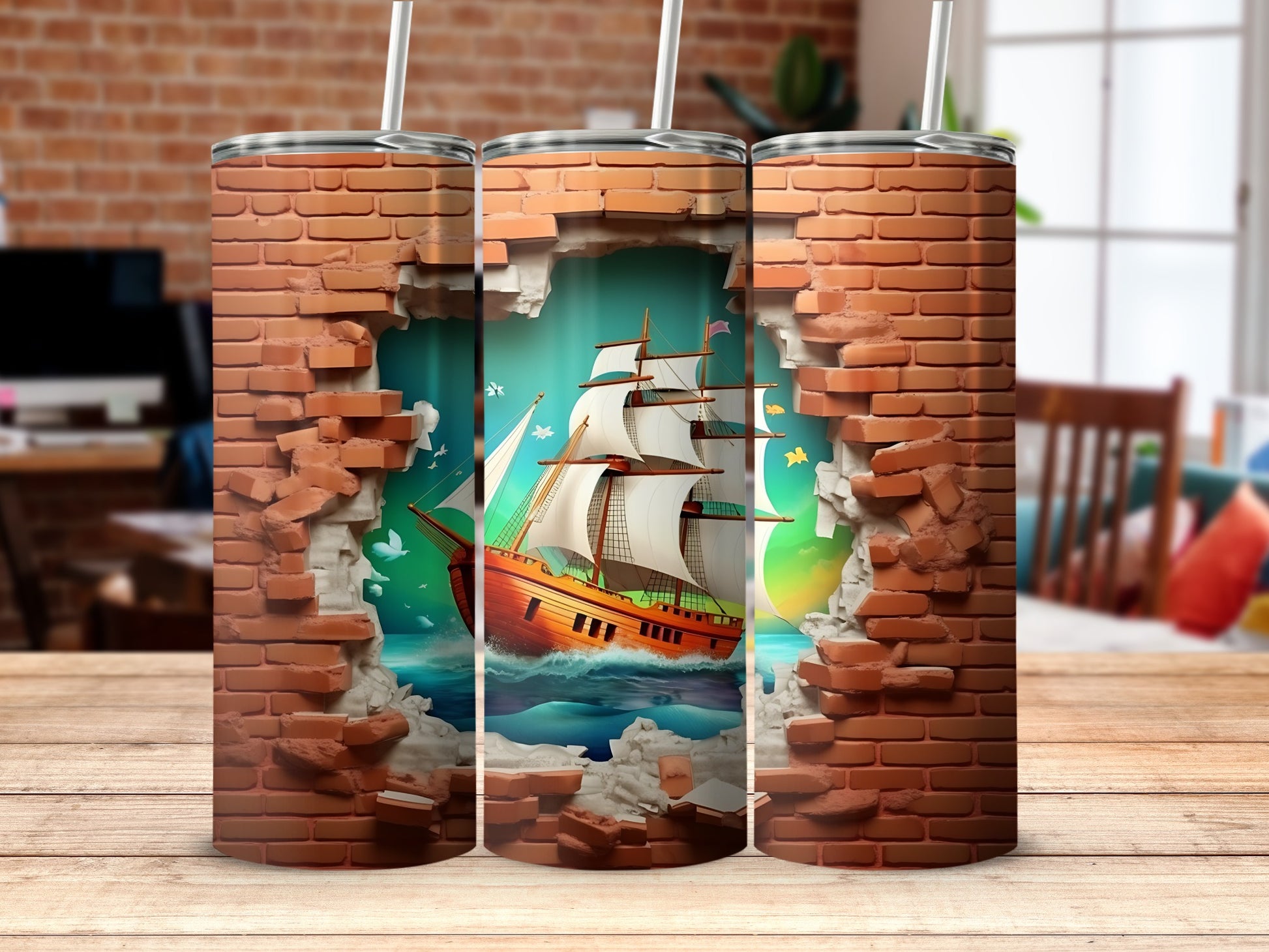 Artistic Brick Wall and Sailing Ship Design Tumbler