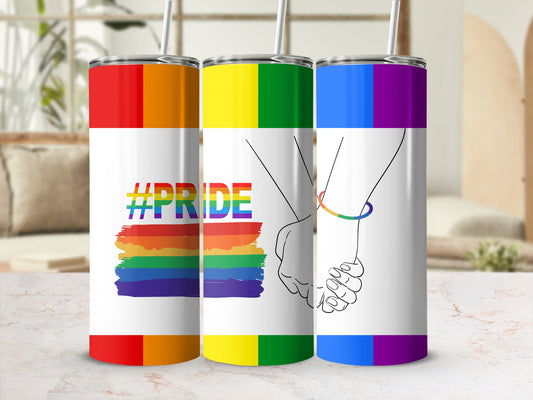 Rainbow pride tumbler with "#Pride" hashtag and linked hands.