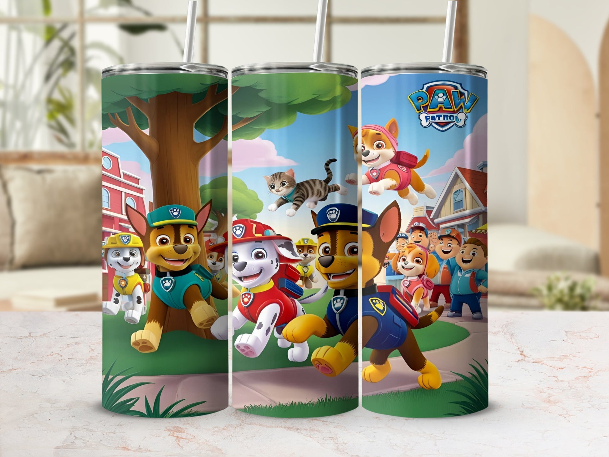 Paw Patrol characters Chase and Marshall running on a sidewalk with kittens.
