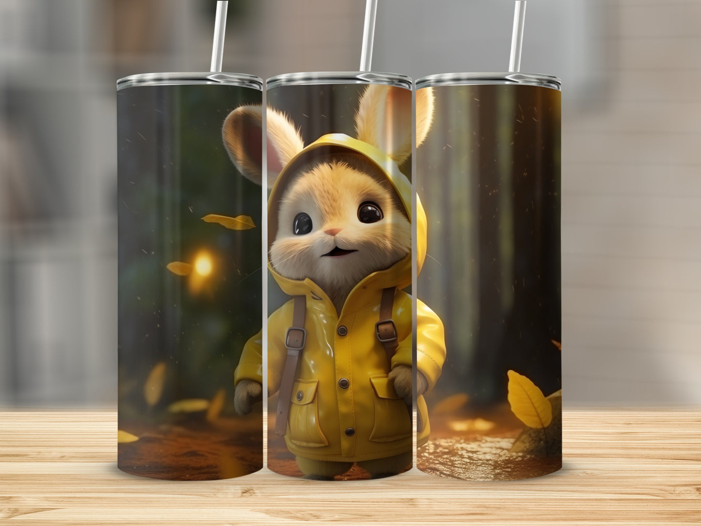 Cute Bunny Yellow Raincoat Forest Leaves Tumbler product type