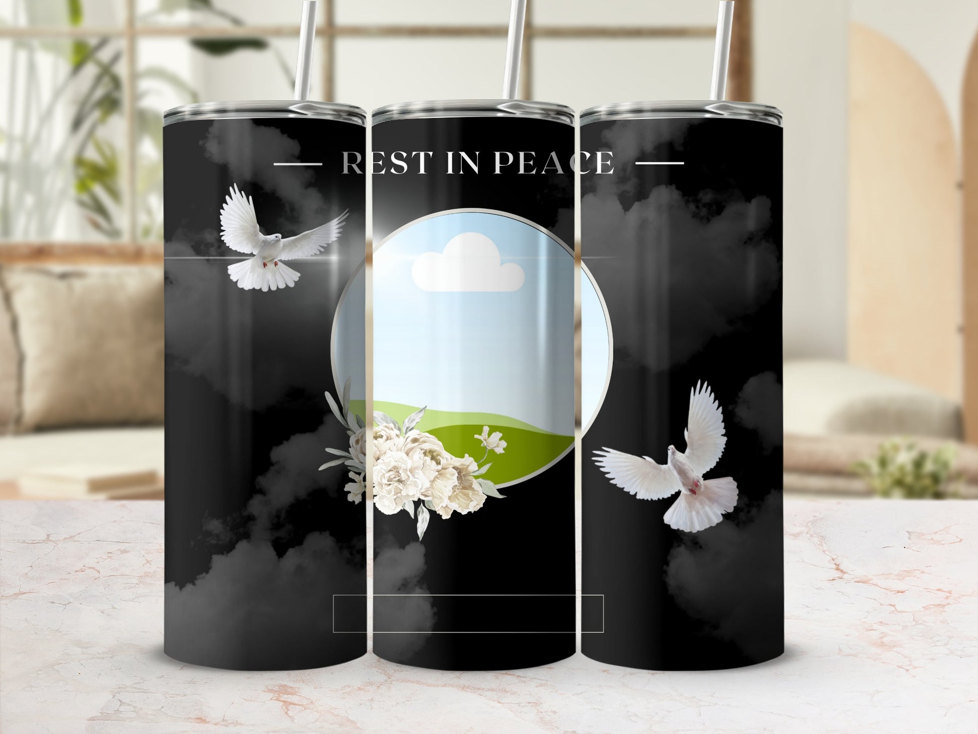 Black tumbler with white doves, flowers, and "REST IN PEACE" text.