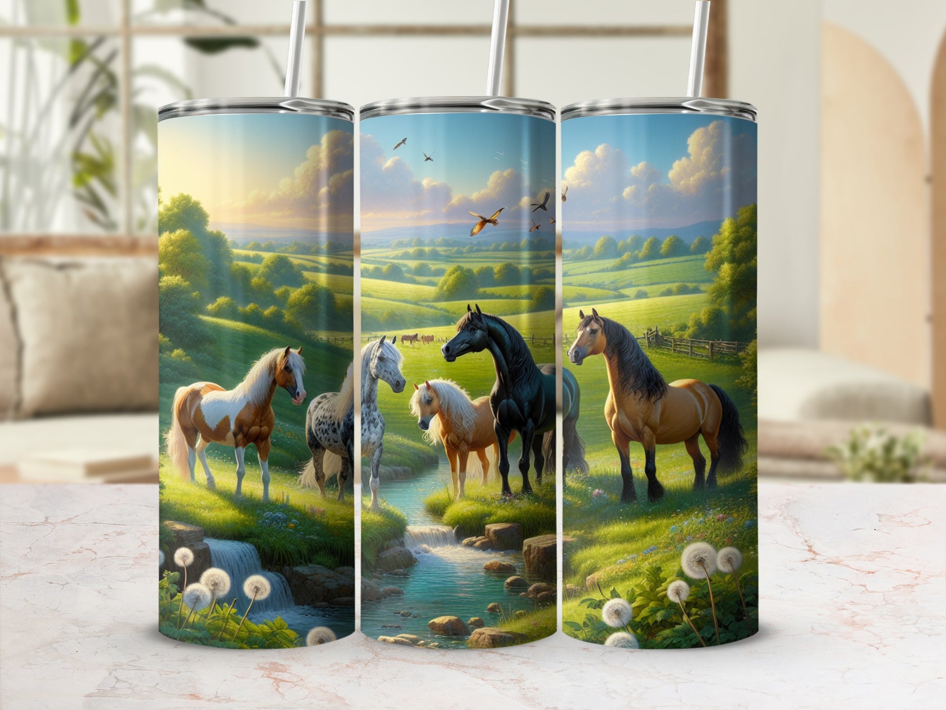 Three horses stand by a stream in a sunlit meadow with rolling hills.
