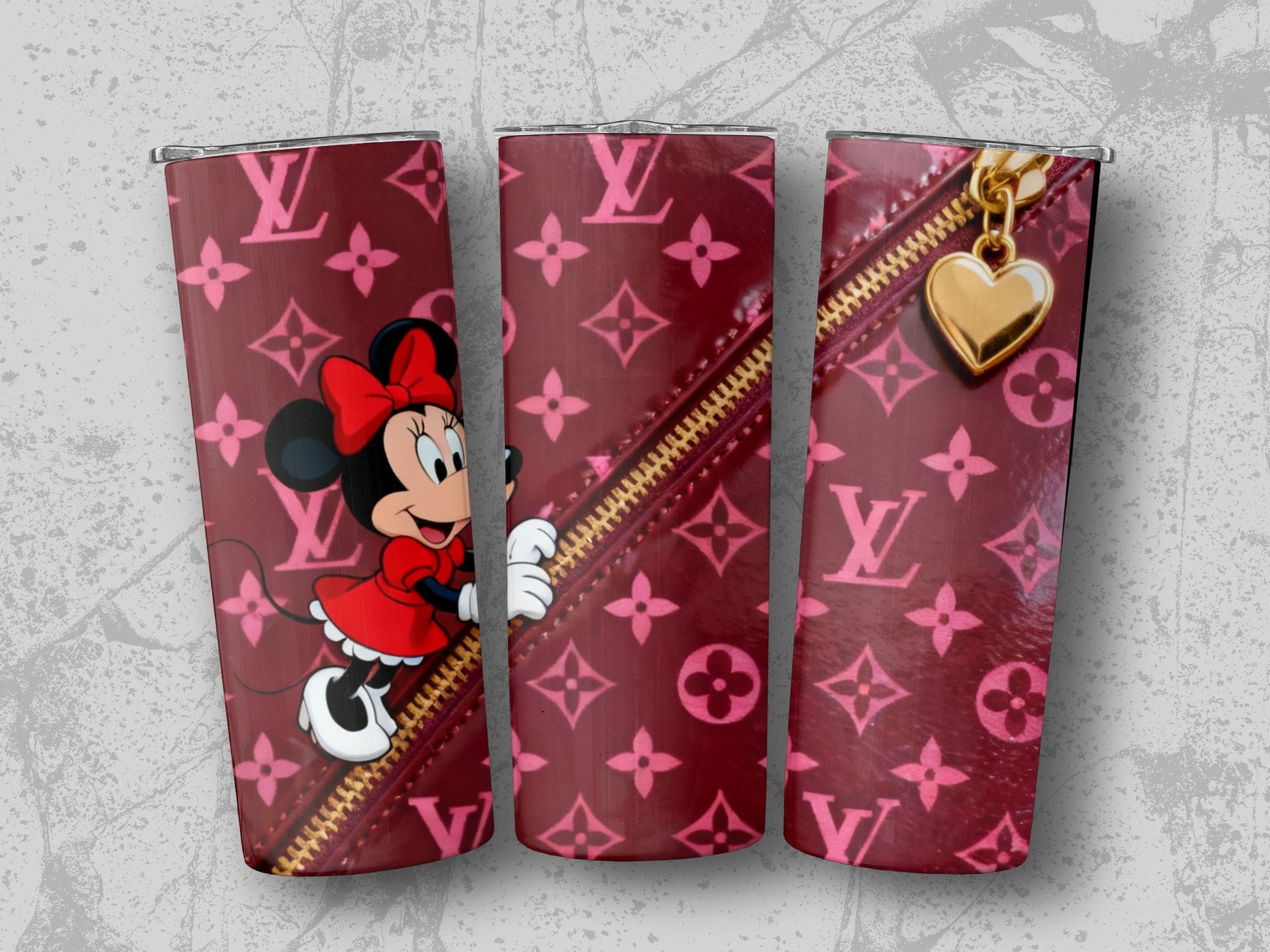Minnie Mouse on LV monogram tumbler with gold heart zipper pull.