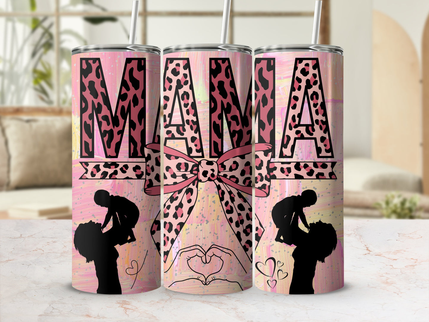 Mama Leopard Print Silhouette Tumbler with Straw