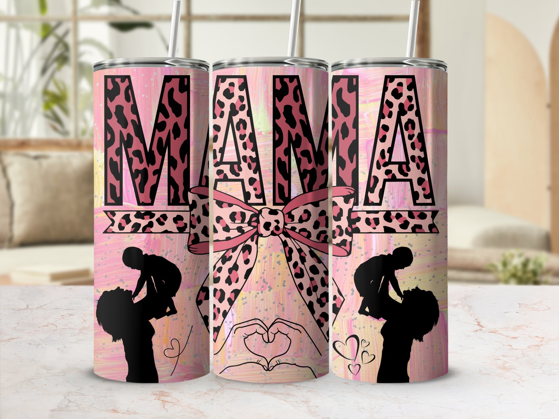 Mama Leopard Print Silhouette Tumbler with Straw