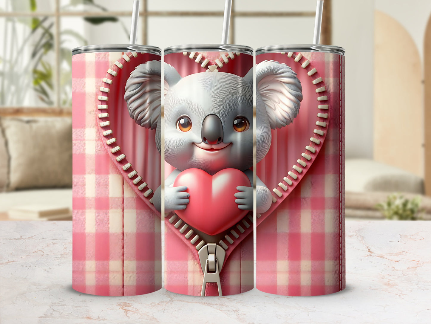 Pink plaid tumbler with zippered heart and a cute koala holding a red heart.