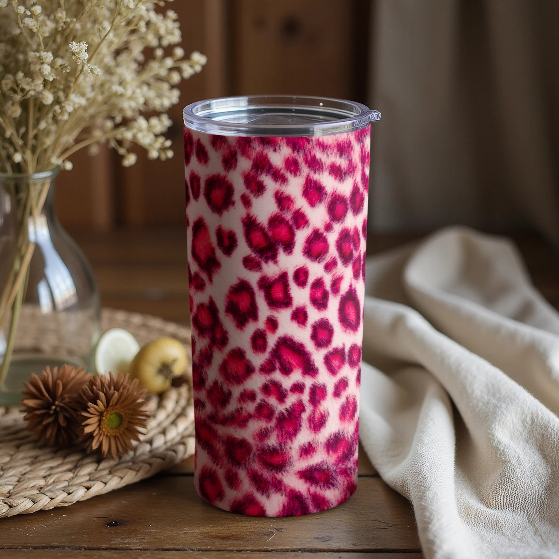 Pink and White Leopard Print Insulated Tumbler Cup