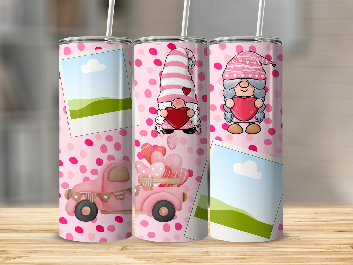 Three tumblers with pink polka dots, gnomes, and Valentine's Day truck designs.