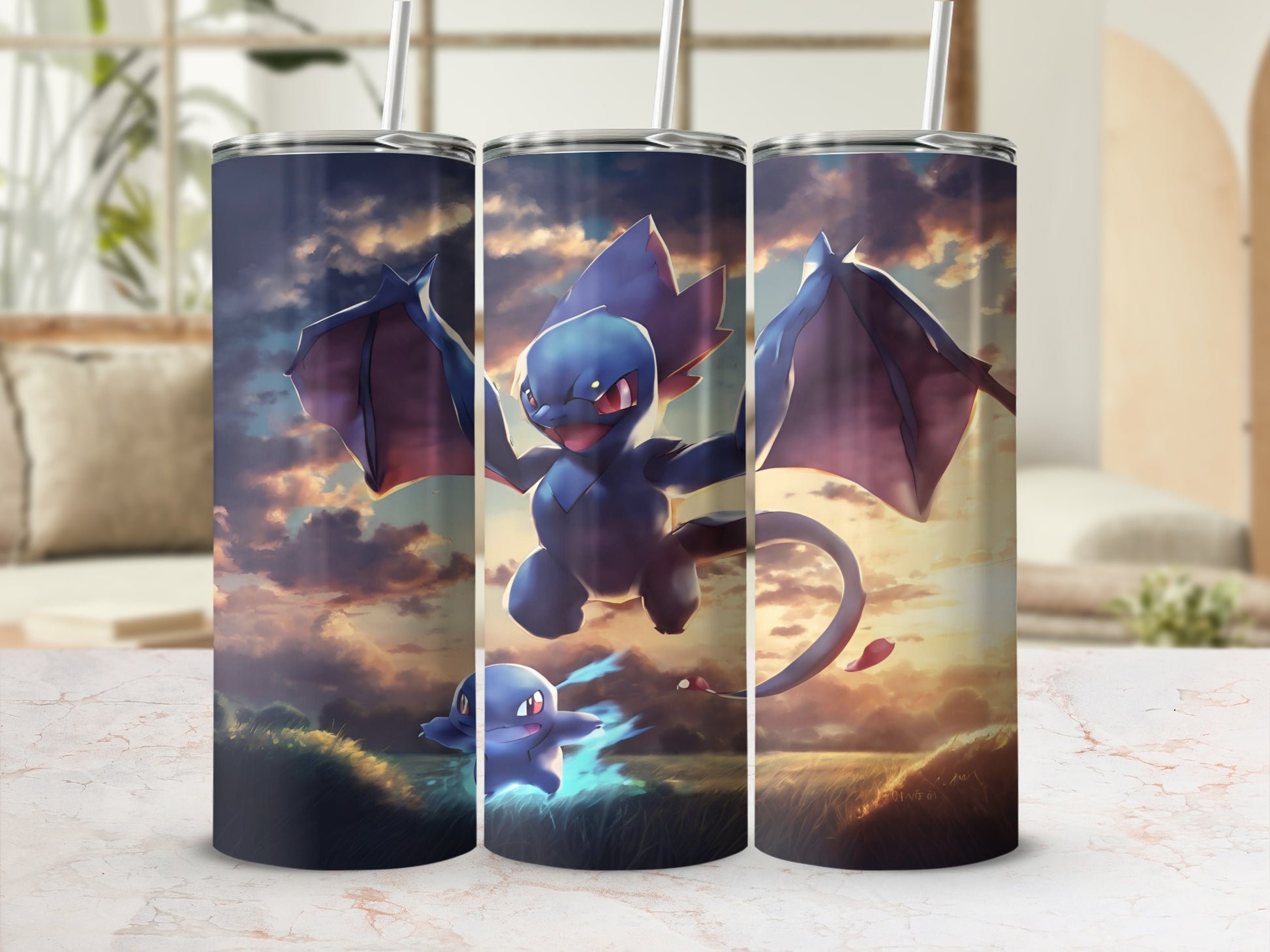 Three tall tumblers featuring a dark blue dragon Pokémon character with wings.