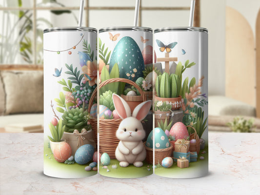 Easter bunny and eggs in baskets with succulents and butterflies.