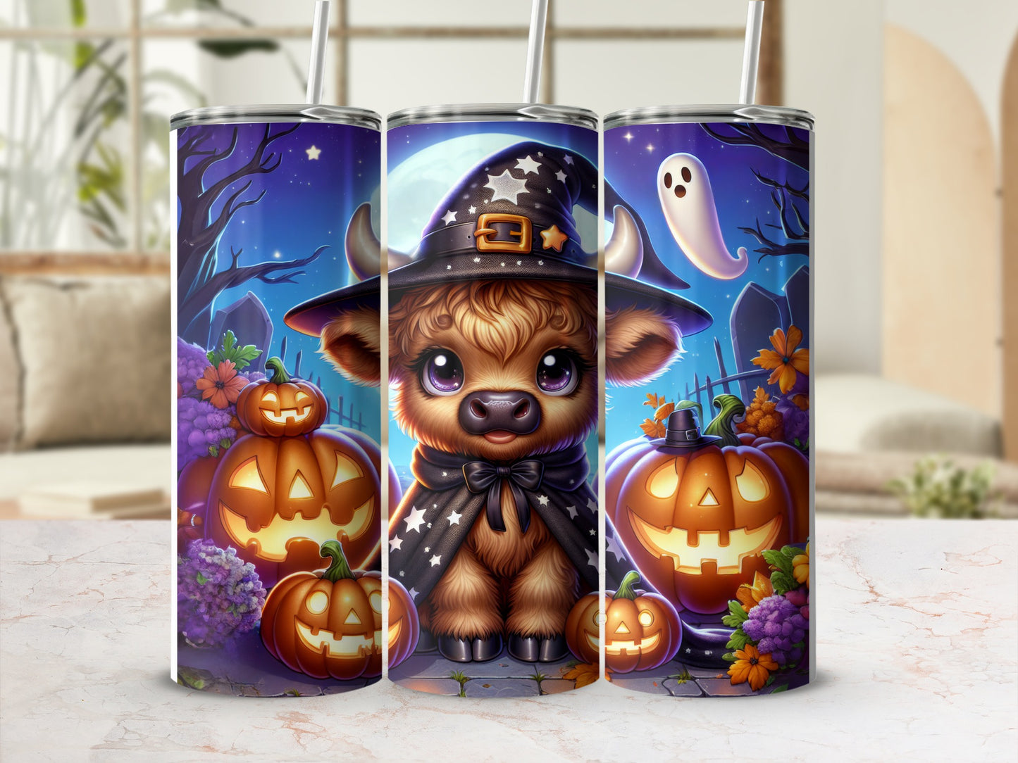 Cute cow in witch hat with pumpkins and ghost.