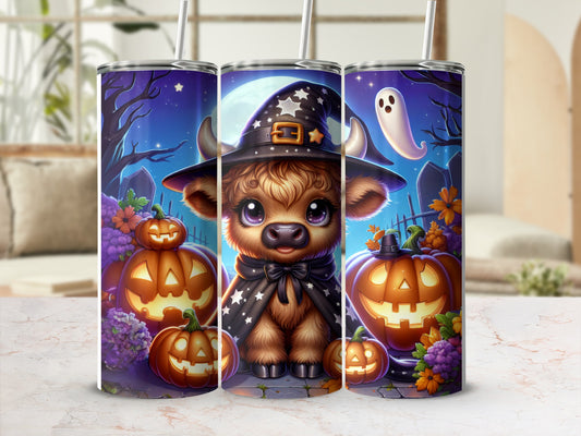 Cute cow in witch hat with pumpkins and ghost.