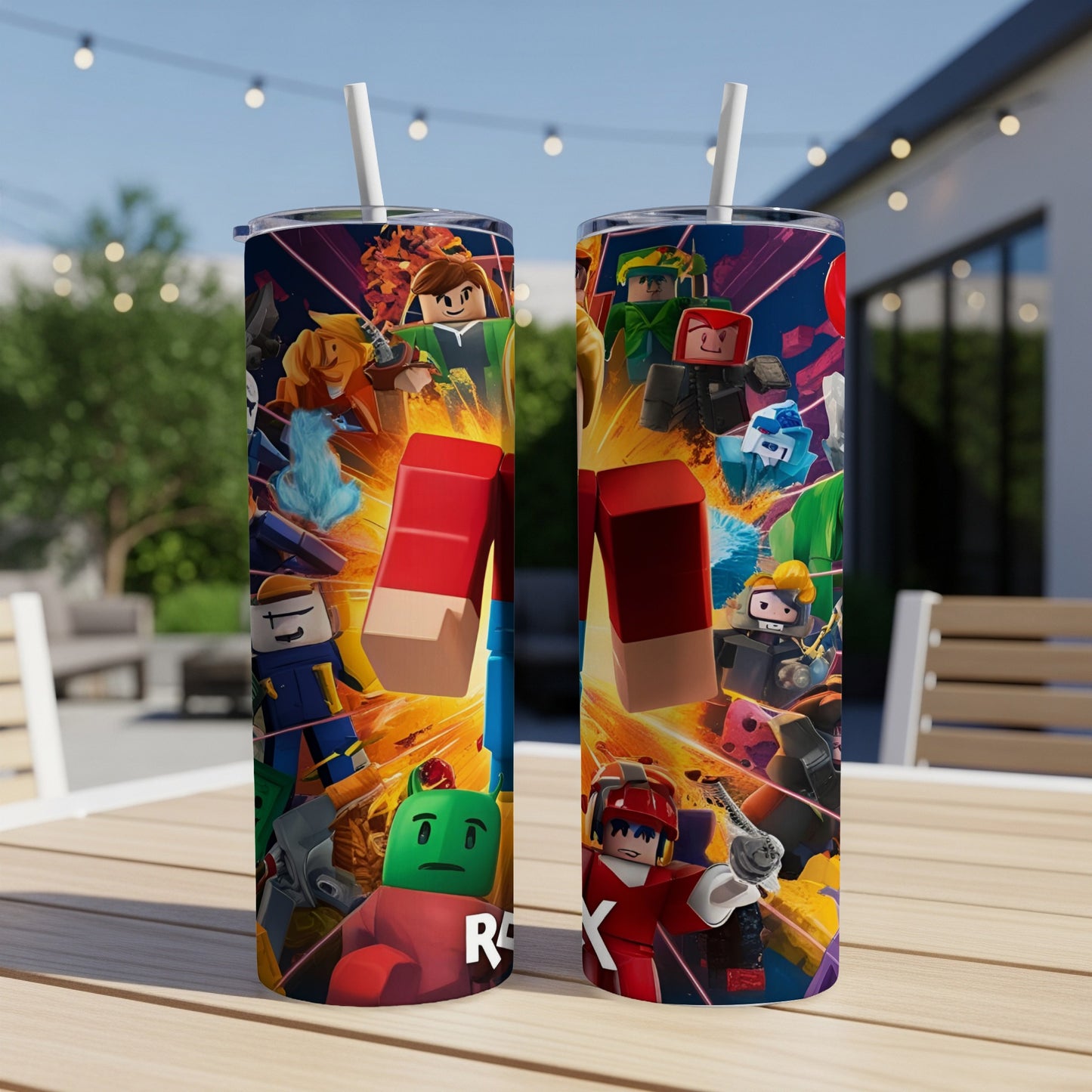 Roblox characters and logos on two identical tall tumblers with straws.