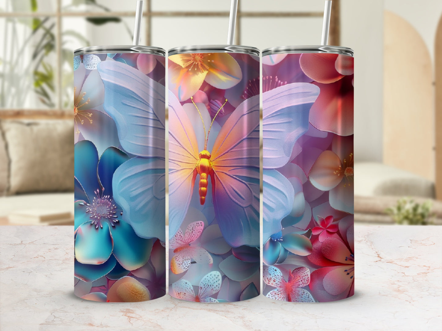 Floral butterfly tumbler with straw in a bright, airy setting.