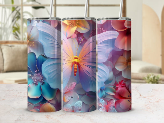 Floral butterfly tumbler with straw in a bright, airy setting.