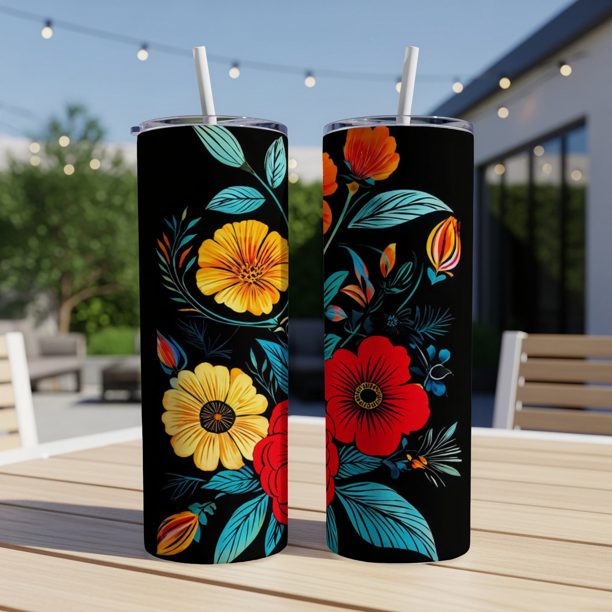 Two black tumblers with colorful floral designs sit on a wooden table outdoors.