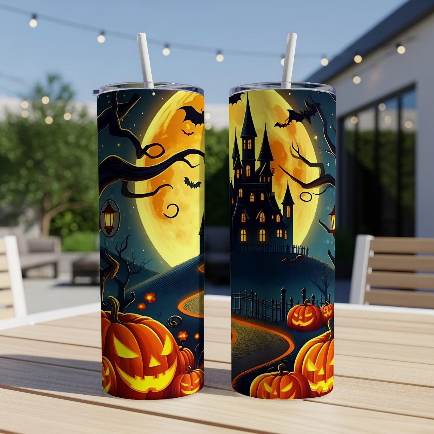 Halloween tumblers with spooky castle, bats, and pumpkins under a large full moon.
