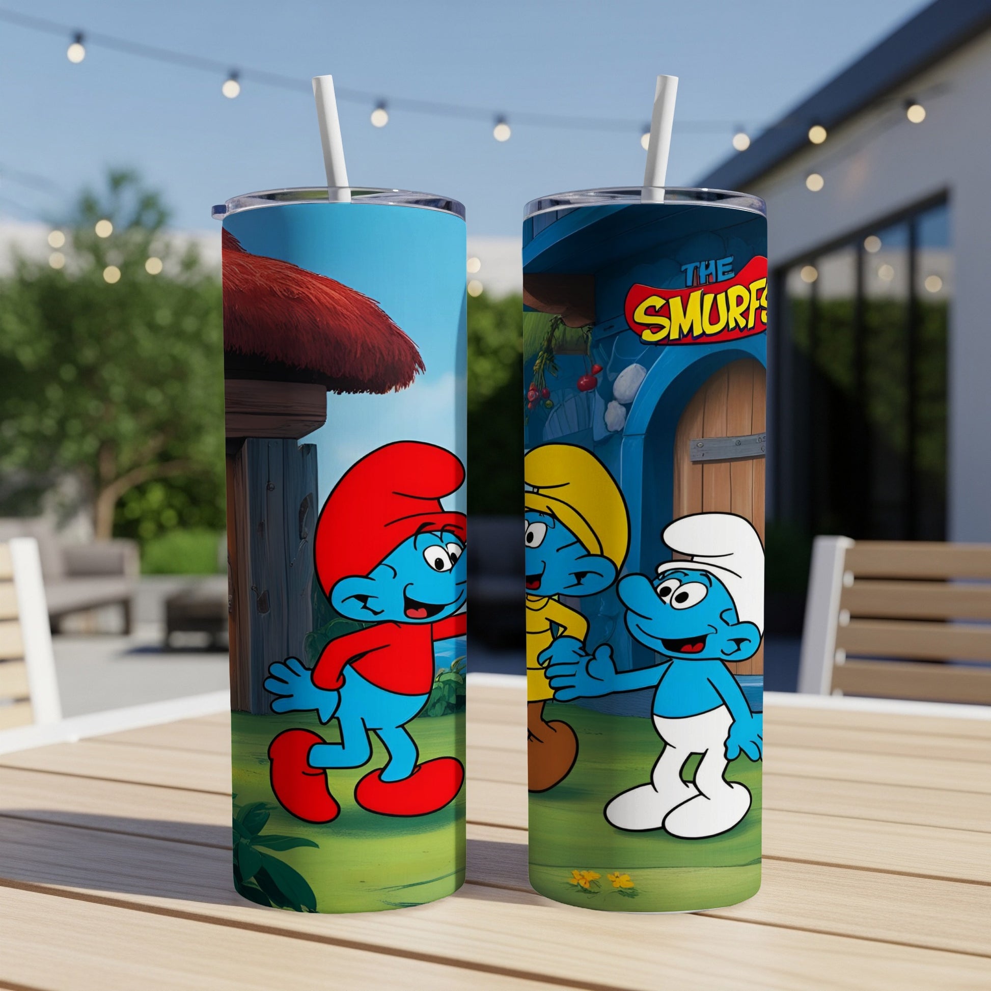 Two The Smurfs characters, Papa Smurf and Brainy Smurf, on a tumbler.