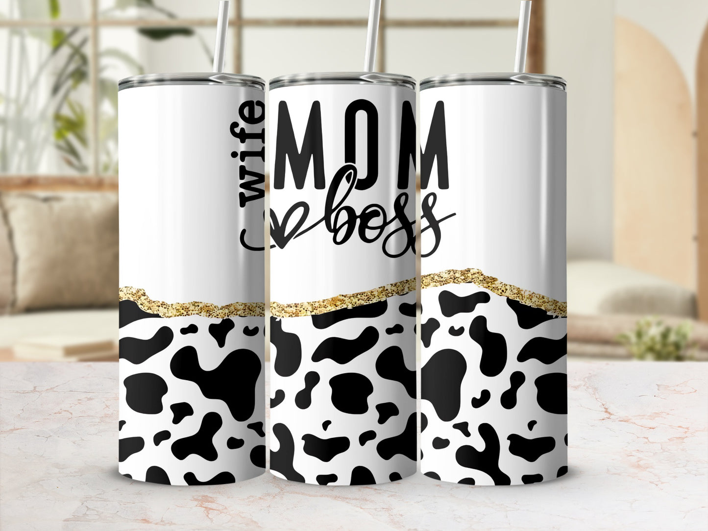 Cow Print Mom Boss Wife Tumbler with Gold Accents