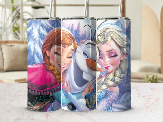 Elsa and Anna hug Olaf on a tumbler, with snowy forest background.